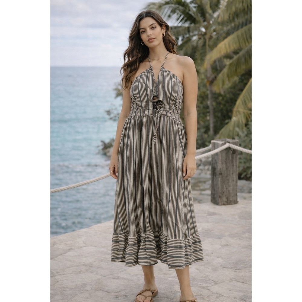 Ark n co Womens Striped Halter Midi Dress Black Beige DA23335P‎ Size L Smocked